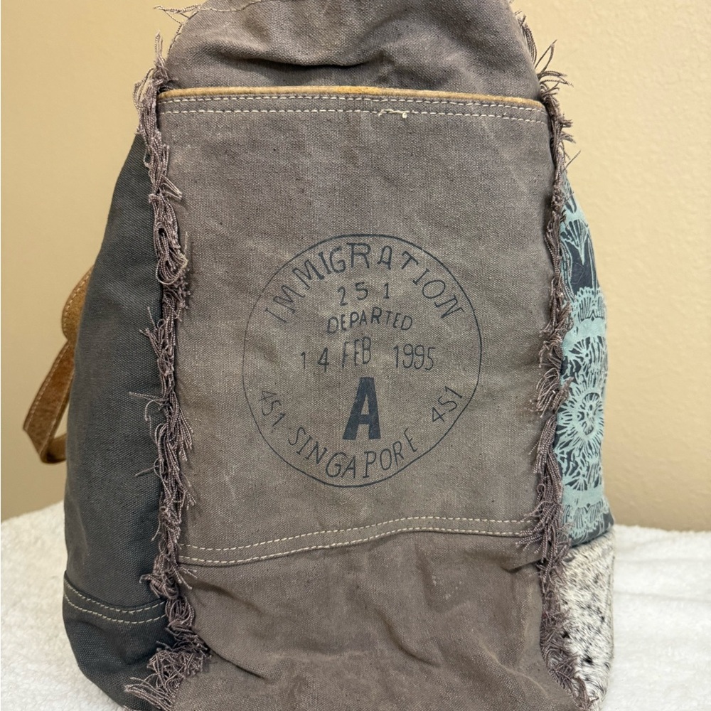Myra Bag Teal and Brown Travel Tote with White Pattern - Picture 3 of 11